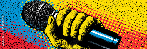 Dynamic illustration of a hand holding a microphone against a vibrant, abstract background.