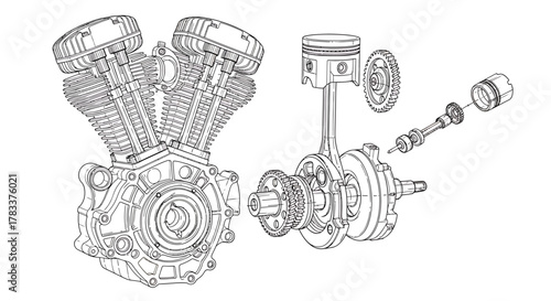 Exploded view of a V-twin engine with pistons and crankshaft.