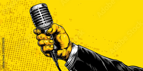 Dłoń w garniturze trzymająca retro mikrofon na jaskrawożółtym tle, symbolizująca komunikację i wystąpienia publiczne.