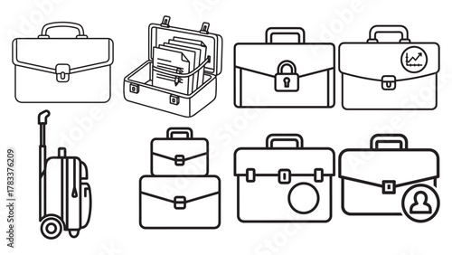 Briefcase And Travel Bag Black Vector Icons Sheet — Secure Office Cases And Business Luggage For Professional Brands. 