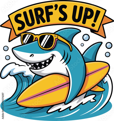 Photography A charming vector art sticker of a cool cartoon shark surfing on a wave