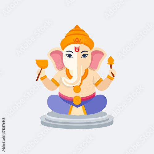 Lord Ganesha sitting in lotus pose, holding items, orange hat.