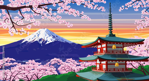Scenic vector illustration of a Japanese spring landscape with Mount Fuji and a traditional pagoda surrounded by blooming sakura trees at sunrise