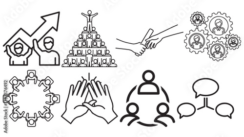 Leadership And Teamwork Black Vector Icons Sheet — Hierarchy, Coaching, Awards And People Management Symbols