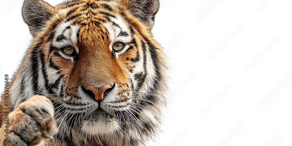 Obraz premium The tiger is smiling and pointing his finger to the side. Space for text. Plain background