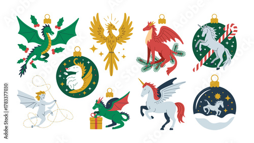 Mystical Ornament Collection: A collection of fantastical, creatively designed ornaments, each featuring a unique mythical creature, offering a touch of magic and wonder.