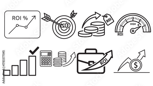 Marketing ROI Black Vector Icons Sheet — Targets, Funnels, Megaphones, Gauges And Email Symbols For Growth Campaigns
