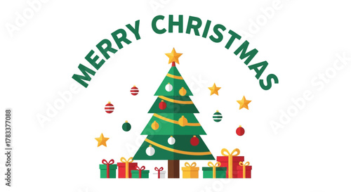 Festive merry christmas greeting with a decorated evergreen tree surrounded by gifts and ornaments on a white background