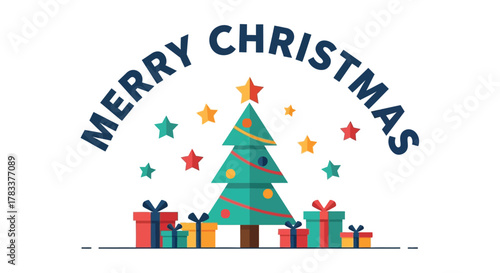 Merry christmas greeting with a decorated christmas tree surrounded by colorful stars and gift boxes on a white background