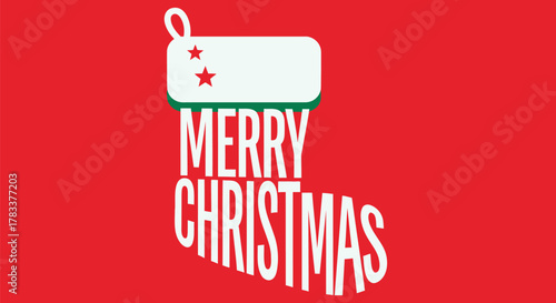 Stylized merry christmas text forming a stocking with two red stars on a vibrant red background