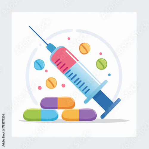 Medical syringe and colorful pills for health and treatment.