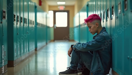 Isolated teenager sits alone in school corridor displaying distress. Young student experiences sadness, loneliness amid hallway lockers. Image conveys feelings of social isolation, mental struggle © Viktor
