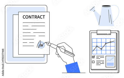 Hand signing a contract, chart with upward trend and checklist on clipboard, watering can. Ideal for business deals, success, growth, planning, nurturing ideas, management simple flat metaphor