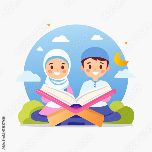 Muslim children reading Quran together with beautiful sky background.