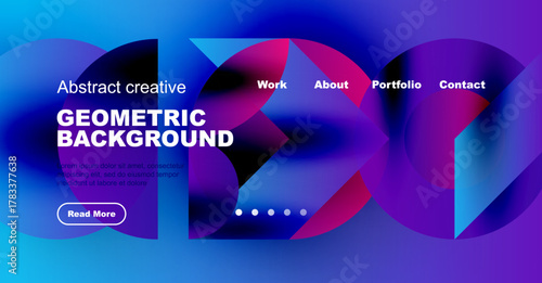 Abstract website header design. Vibrant blue, purple gradients create dynamic geometric shapes. Text details present work information.