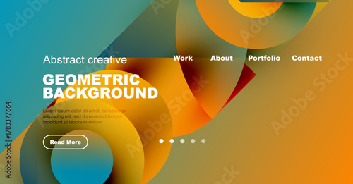 Abstract design features vibrant overlapping shapes, text elements, navigation menu. Modern aesthetic, warm colors dominate composition.