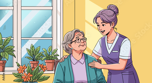 Compassionate young caregiver provides heartwarming support and companionship to an elderly woman, fostering well-being and a joyful connection in a comfortable home setting