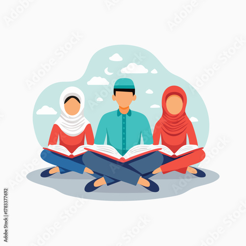 Muslims studying together, reading books, and learning.