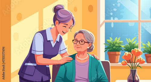 Caring Young Woman Assisting Elderly Lady Companion Support for Seniors at Home