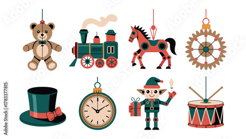 Vintage Christmas Collection: A festive ensemble of charming vintage ornaments, evoking nostalgia and holiday cheer with classic toy soldier, bear, train and drum.