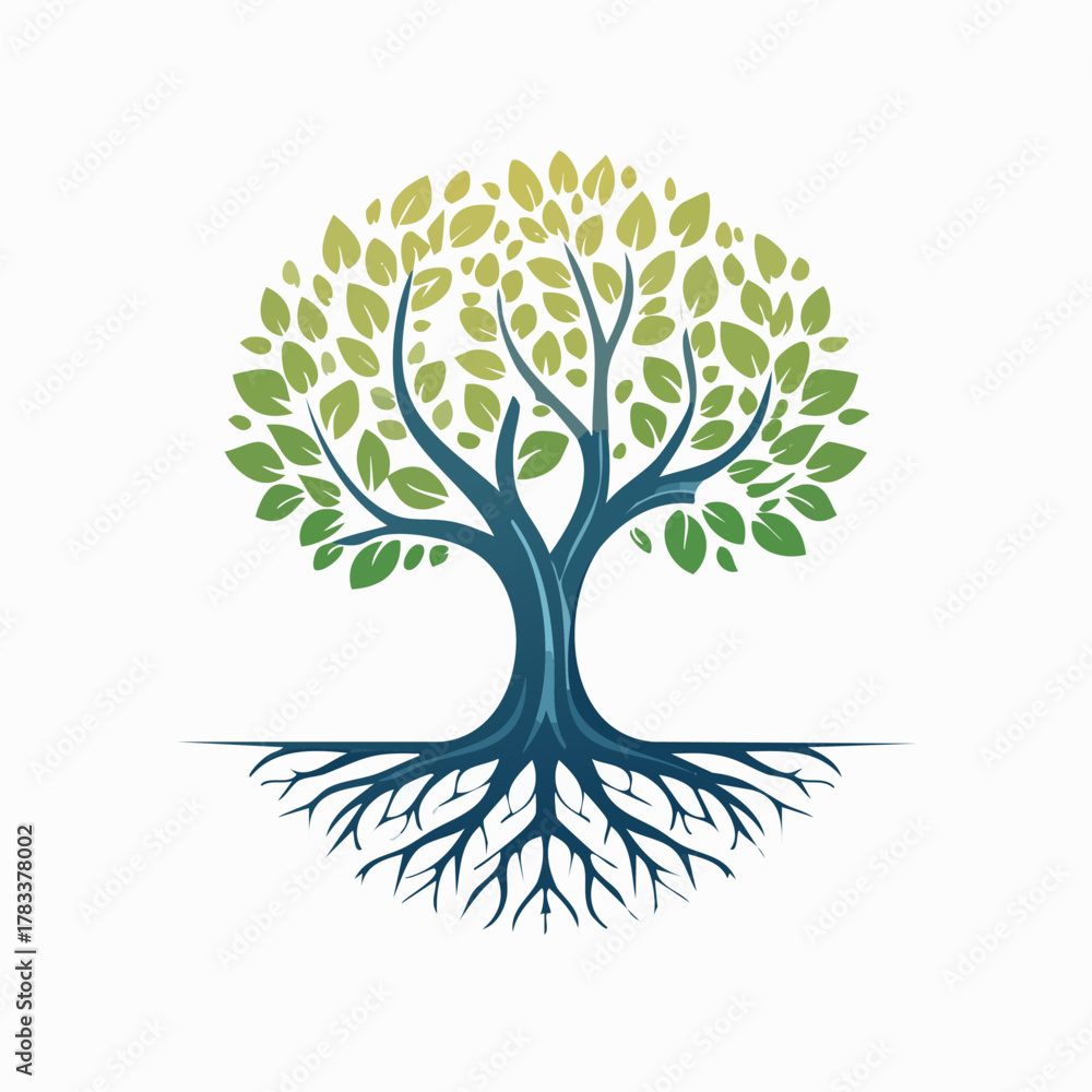 Fototapeta premium Tree of Life Symbol with Roots and Green Leaves.
