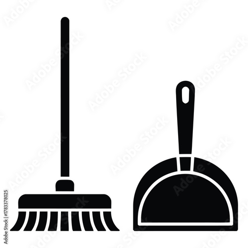 Broom and Dustpan Silhouette Icon cleaning sweeping