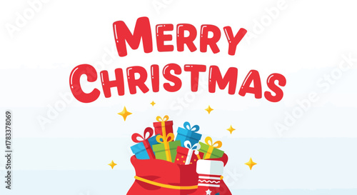 Merry christmas greeting with a red santa sack overflowing with colorful gift boxes and a stocking on a white background with stars