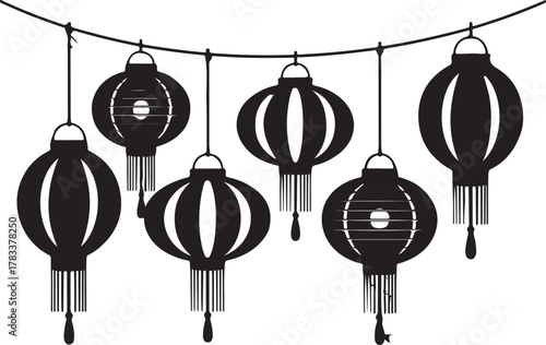 Black silhouette of hanging paper lanterns on a string , lanterns, paper, hanging, string