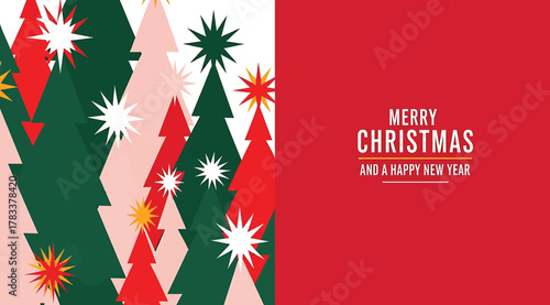 “MERRY CHRISTMAS AND A HAPPY NEW YEAR FROM ALL OF US” Greeting Card – Stylized Trees, Starburst Decorations, and Red-Pink Background – Festive Printable for Holiday Wishes, Cards, or Seasonal Decor