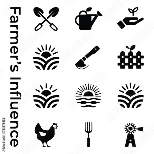Collection of Black Farming and Agriculture Icons on White Background