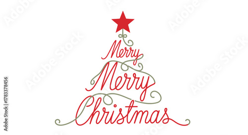 Elegant merry christmas greeting with a stylized christmas tree formed by cursive lettering and a red star topper