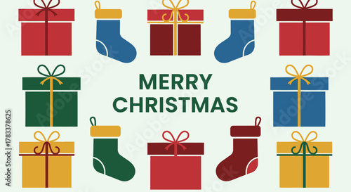 Festive merry christmas greeting card design with colorful gift boxes and stockings arranged around the text