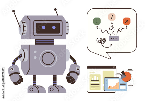Robot interpreting issues with icons for decisions and tangled processes, next to analytics on a tablet. Ideal for technology, AI, automation, data analysis, decision-making, problem-solving