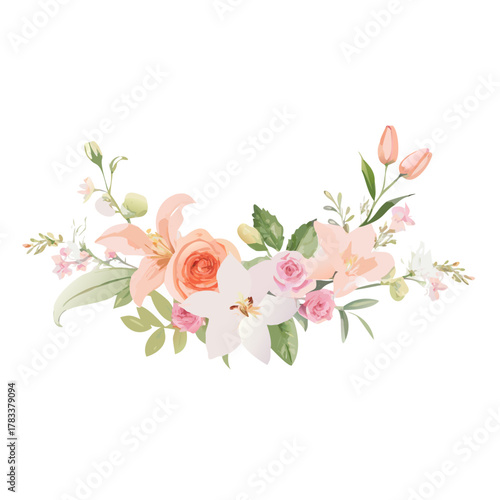 Watercolor Floral Arrangement Vector with Peach Roses, Lilies, and Leaves