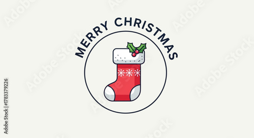 Festive merry christmas greeting with a classic red stocking adorned with snowflakes and holly inside a circular frame