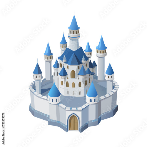 Fairytale Princess Castle Isometric Vector Illustration with Blue Towers