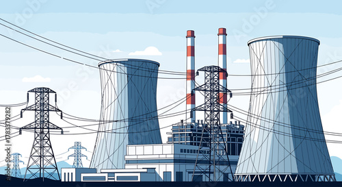 Stylized illustration of a power plant with cooling towers and electrical transmission lines.