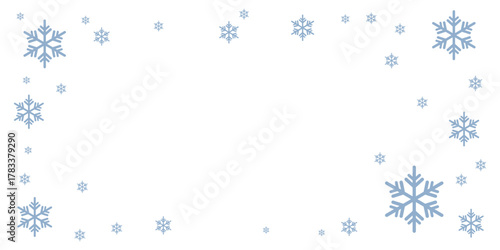 Blue snowflake border design on white background, featuring varied snowflake styles. Blank center space ideal for winter-themed invitations, greeting cards, and seasonal graphic templates.