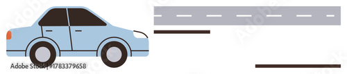 Light blue sedan on a highway flanked by dashed median lines, suggesting mobility, travel, road safety, urban commuting, logistics, automation, and technology. Focus on a simple flat metaphor