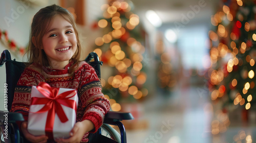Happy child in a wheelchair holding a wrapped Christmas present in a hospital hallway decorated with festive lights and Christmas tree.