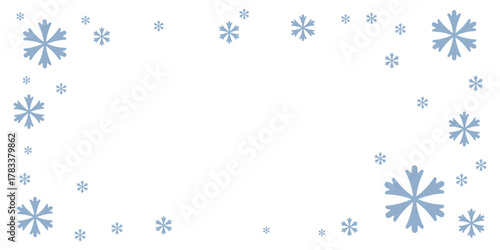 Blue snowflake border design on white background, featuring varied snowflake styles. Blank center space ideal for winter-themed invitations, greeting cards, and seasonal graphic templates.