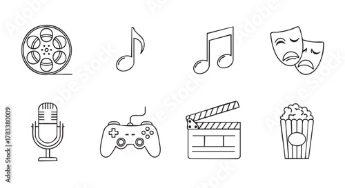 Entertainment industry elements icons set with music video game microphone