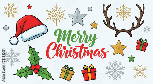 Festive merry christmas greeting with santa hat reindeer antlers holly snowflakes stars and gift boxes on a light background