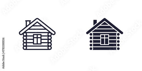 cabin icon, wooden hut in line and solid design