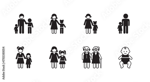 Family icon set featuring diverse parents and children relationships illustration