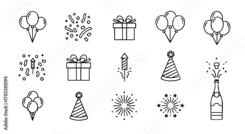 Festive celebration elements with balloons gift box confetti and party hat