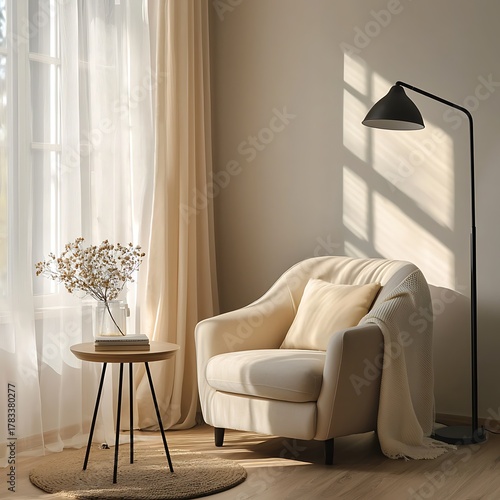 Comfortable armchair setup with warm lighting high resolution picture