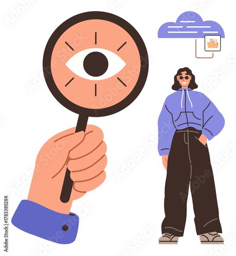 Magnifying glass focusing on an all-seeing eye, woman in trendy outfit with cloud and file icon. Ideal for surveillance, privacy, individuality, data, technology, digital identity, simple flat