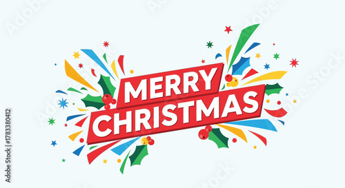 Bright and festive merry christmas text with colorful confetti stars and holly berries on a light blue background