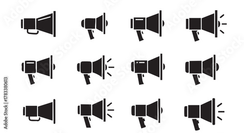 Megaphone black glyph vector icons set for announcement concept design